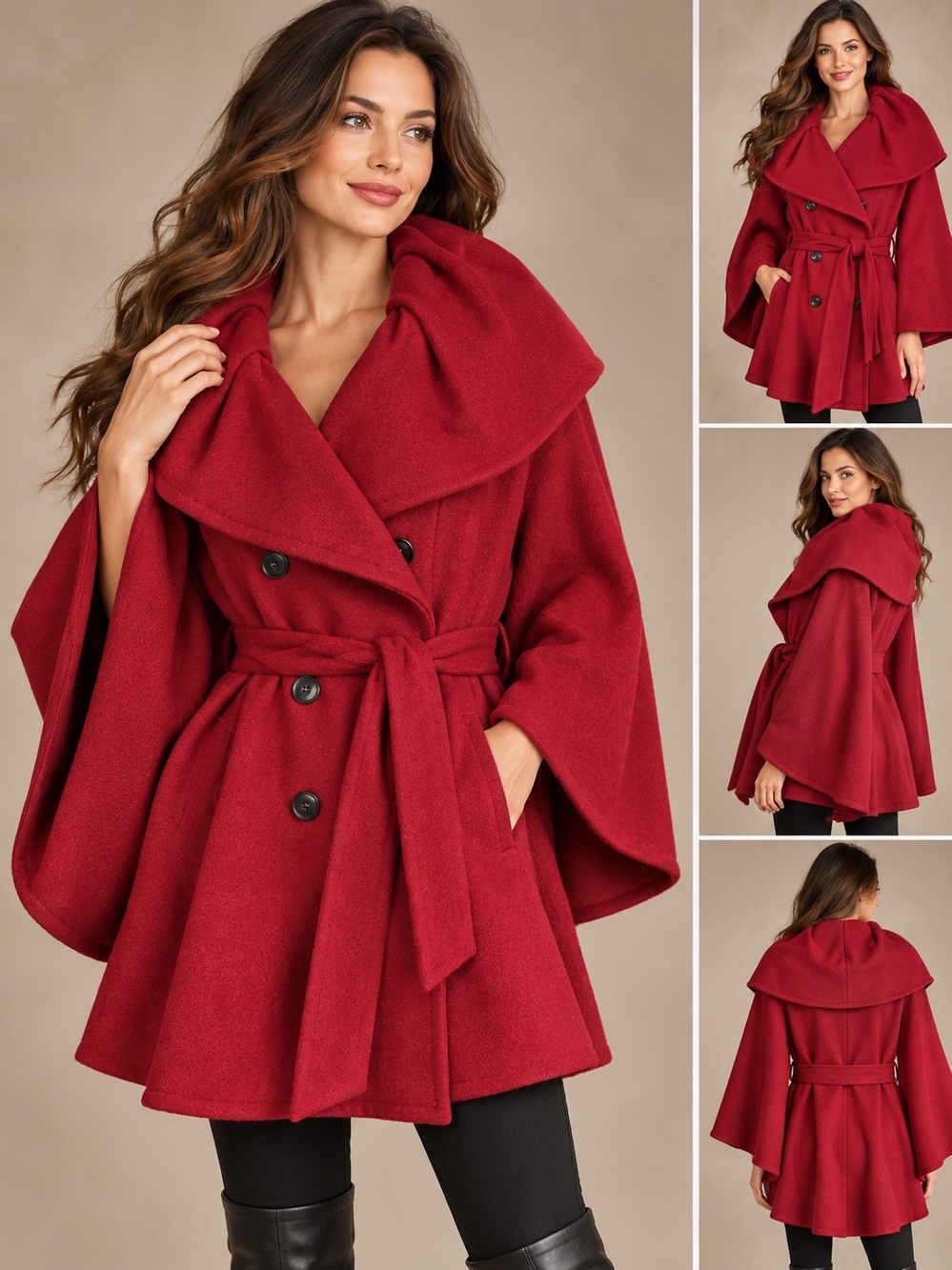 Calvin Klein Crimson Red Wool Blend Belted Double Breasted Cape Coat S/M - Picture 5 of 13